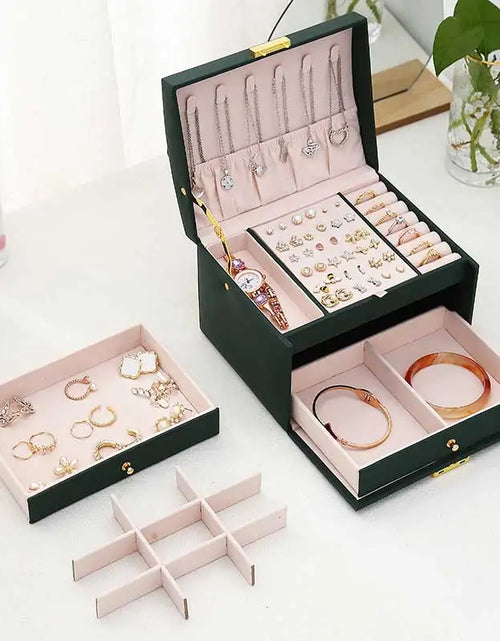 Load image into Gallery viewer, Three Drawer Handheld Jewellery Box Earring Ring Necklace Storage Box PU Leather Jewellery Display Box with Security Key Lock

