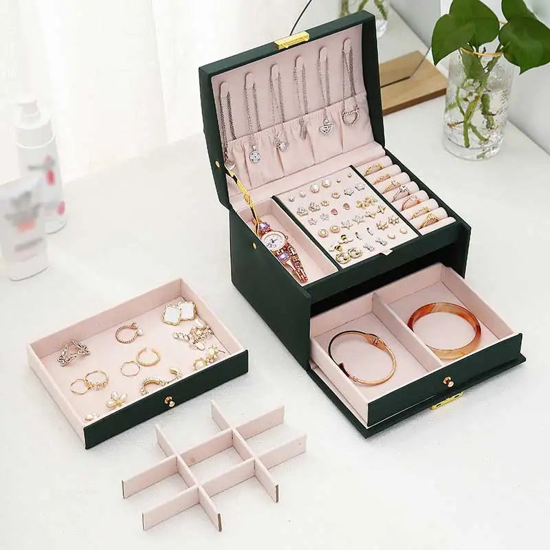 Three Drawer Handheld Jewellery Box Earring Ring Necklace Storage Box PU Leather Jewellery Display Box with Security Key Lock