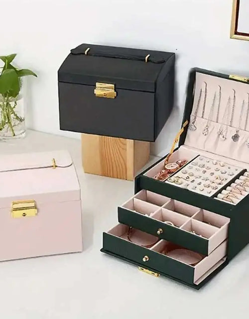 Load image into Gallery viewer, Three Drawer Handheld Jewellery Box Earring Ring Necklace Storage Box PU Leather Jewellery Display Box with Security Key Lock
