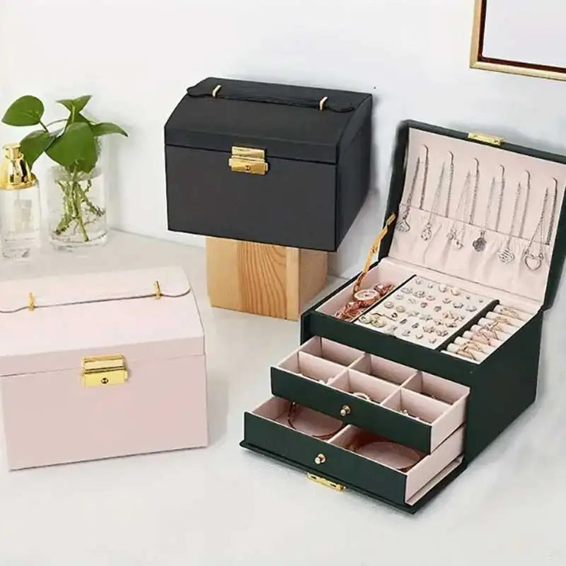 Three Drawer Handheld Jewellery Box Earring Ring Necklace Storage Box PU Leather Jewellery Display Box with Security Key Lock