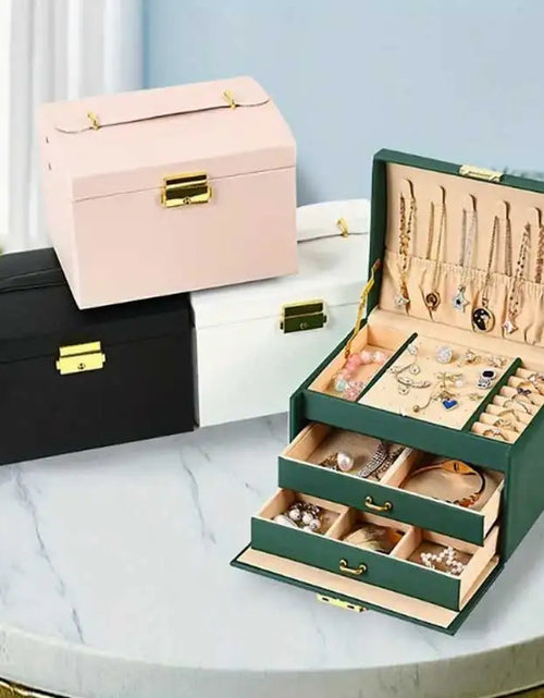 Load image into Gallery viewer, Three Drawer Handheld Jewellery Box Earring Ring Necklace Storage Box PU Leather Jewellery Display Box with Security Key Lock
