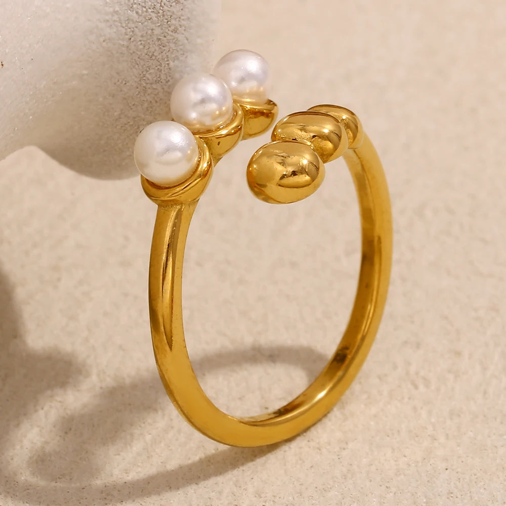 Elegant Style round Pearl Beads Opening Rings 18K Gold Plated Stainless Steel Waterproof Fashion Women Jewelry