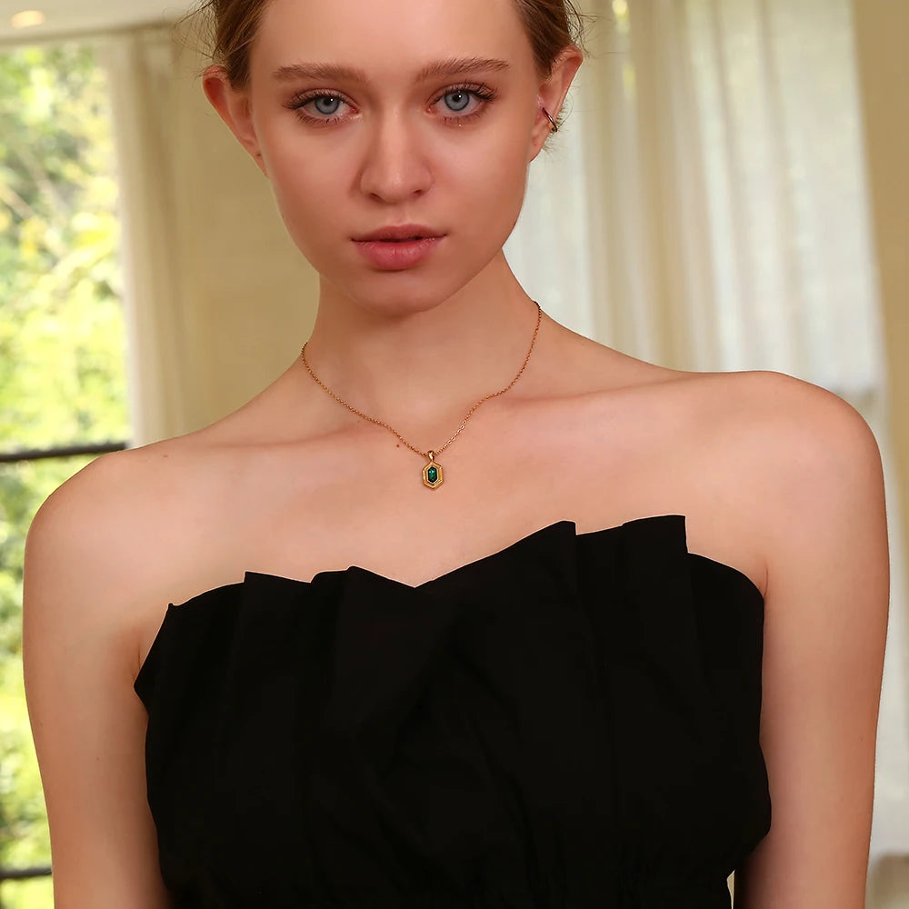 Retro Hex Glow Necklace – Gold & Green Charm, Water-Resistant Shine