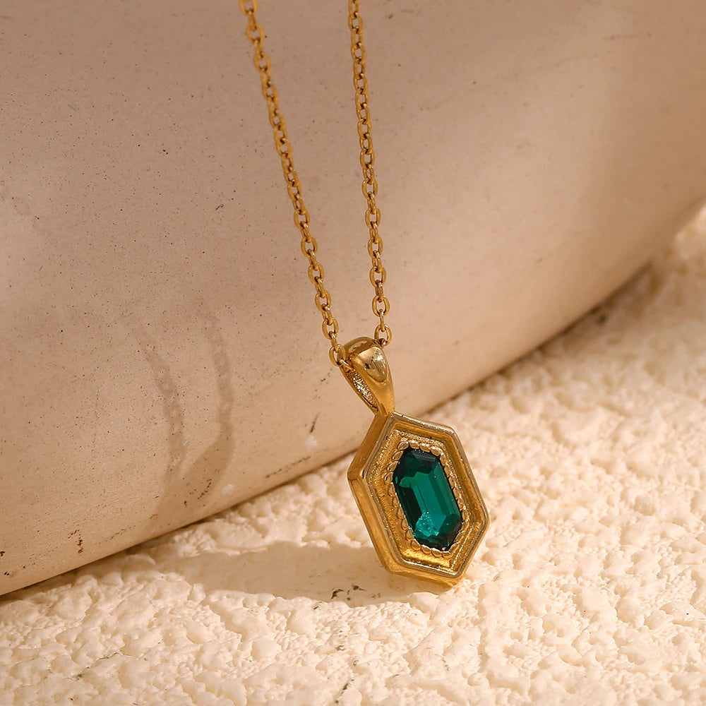 Retro Hex Glow Necklace – Gold & Green Charm, Water-Resistant Shine