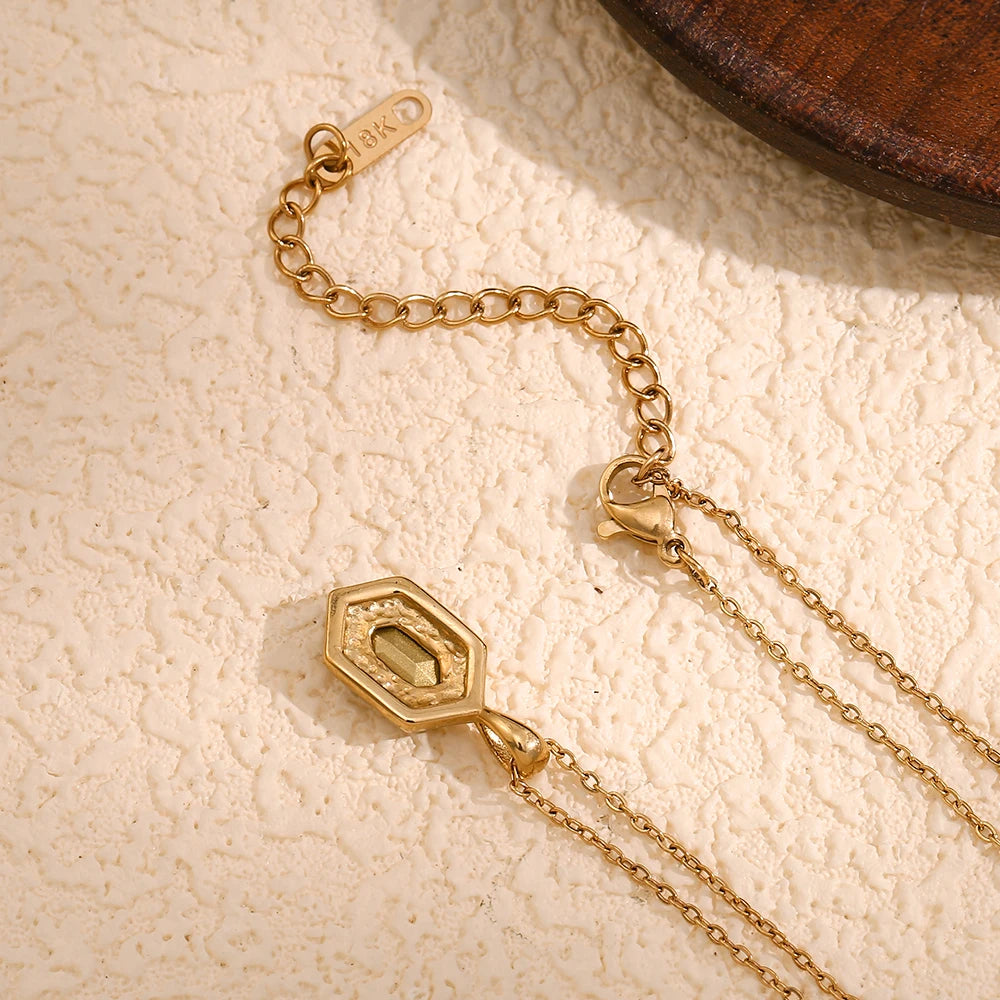 Retro Hex Glow Necklace – Gold & Green Charm, Water-Resistant Shine