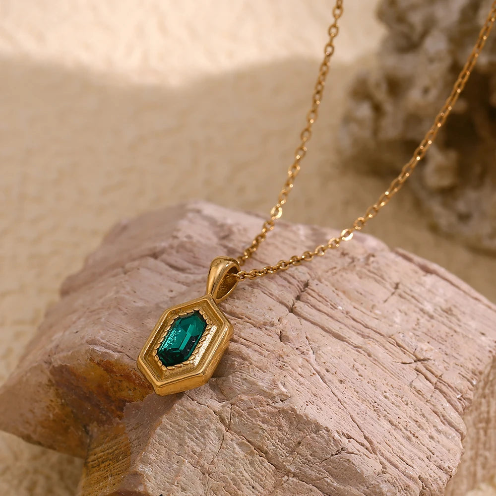 Retro Hex Glow Necklace – Gold & Green Charm, Water-Resistant Shine