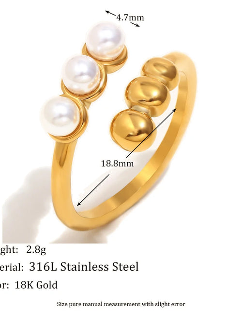 Load image into Gallery viewer, Elegant Style round Pearl Beads Opening Rings 18K Gold Plated Stainless Steel Waterproof Fashion Women Jewelry
