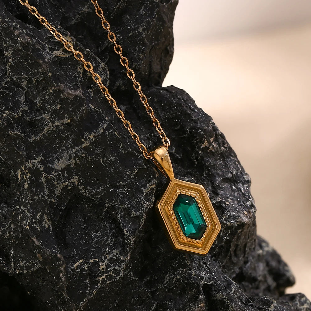 Retro Hex Glow Necklace – Gold & Green Charm, Water-Resistant Shine