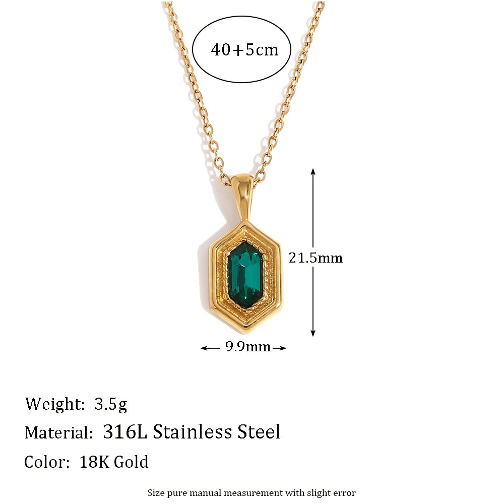 Retro Hex Glow Necklace – Gold & Green Charm, Water-Resistant Shine