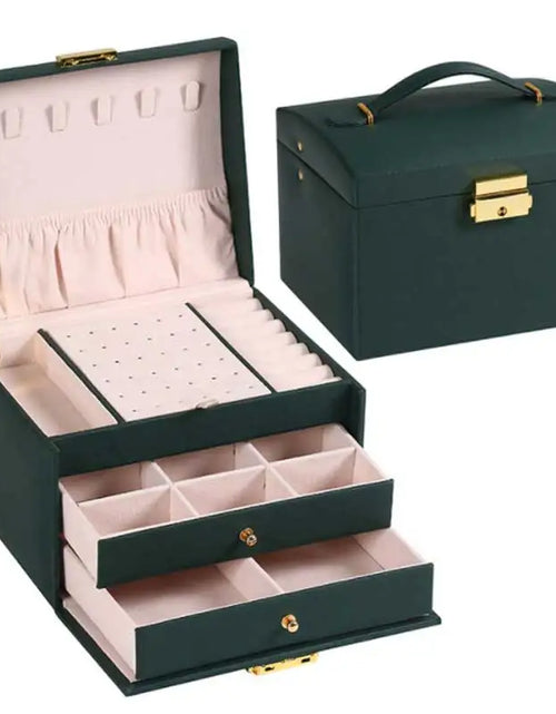 Load image into Gallery viewer, Three Drawer Handheld Jewellery Box Earring Ring Necklace Storage Box PU Leather Jewellery Display Box with Security Key Lock
