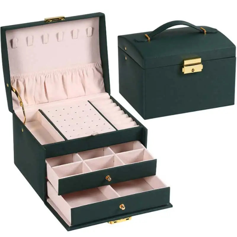 Three Drawer Handheld Jewellery Box Earring Ring Necklace Storage Box PU Leather Jewellery Display Box with Security Key Lock