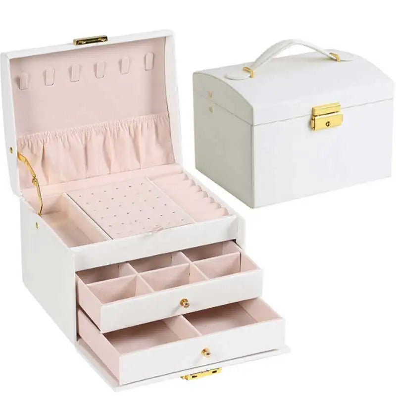 Three Drawer Handheld Jewellery Box Earring Ring Necklace Storage Box PU Leather Jewellery Display Box with Security Key Lock