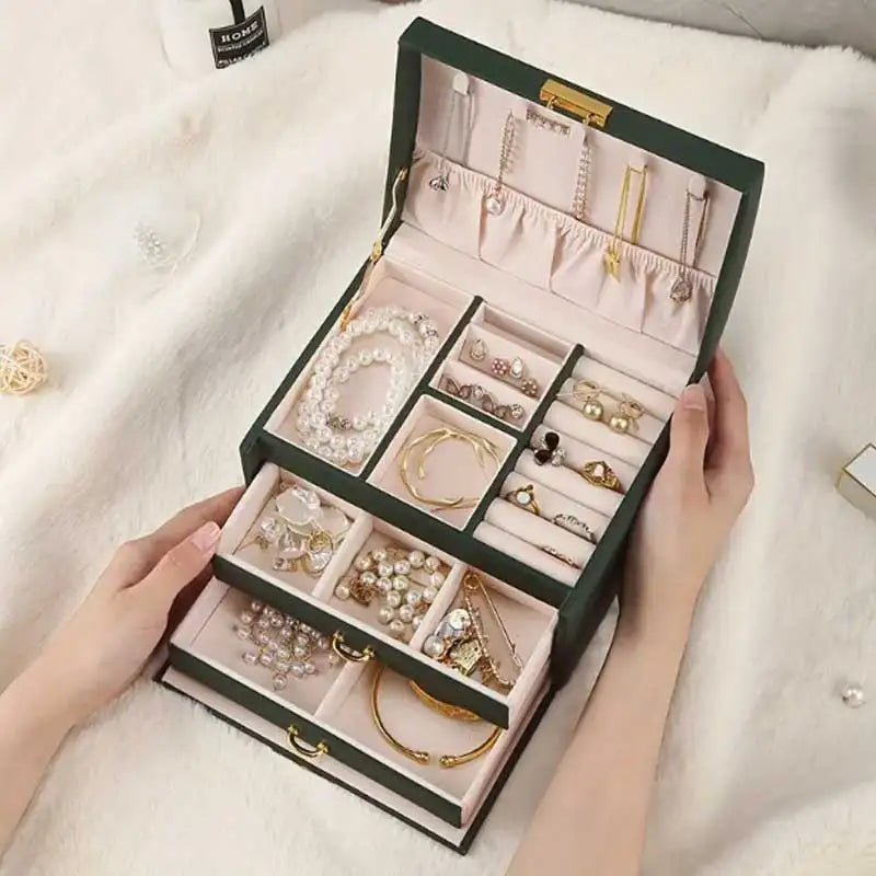 Three Drawer Handheld Jewellery Box Earring Ring Necklace Storage Box PU Leather Jewellery Display Box with Security Key Lock