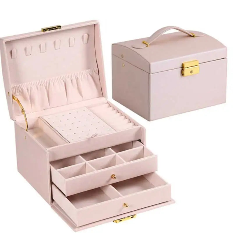 Three Drawer Handheld Jewellery Box Earring Ring Necklace Storage Box PU Leather Jewellery Display Box with Security Key Lock